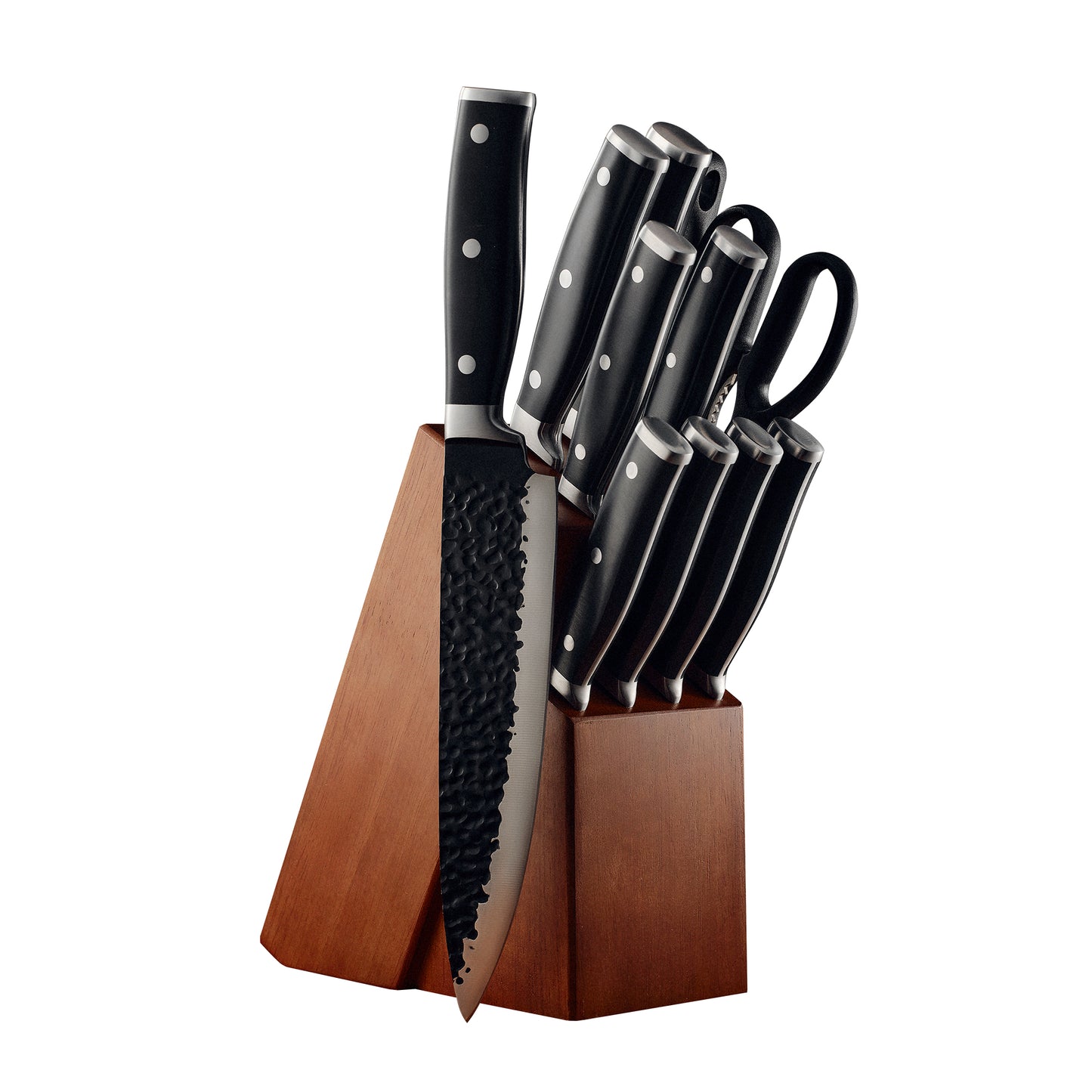 OrGREENiC Hammered High Carbon Steel Knife Set - Non-Stick Tsuchimi Blade Texture, Ergonomic Handle, Professional Sharpness for Precision Cutting - Includes Chef, Bread, Utility, and Steak Knives