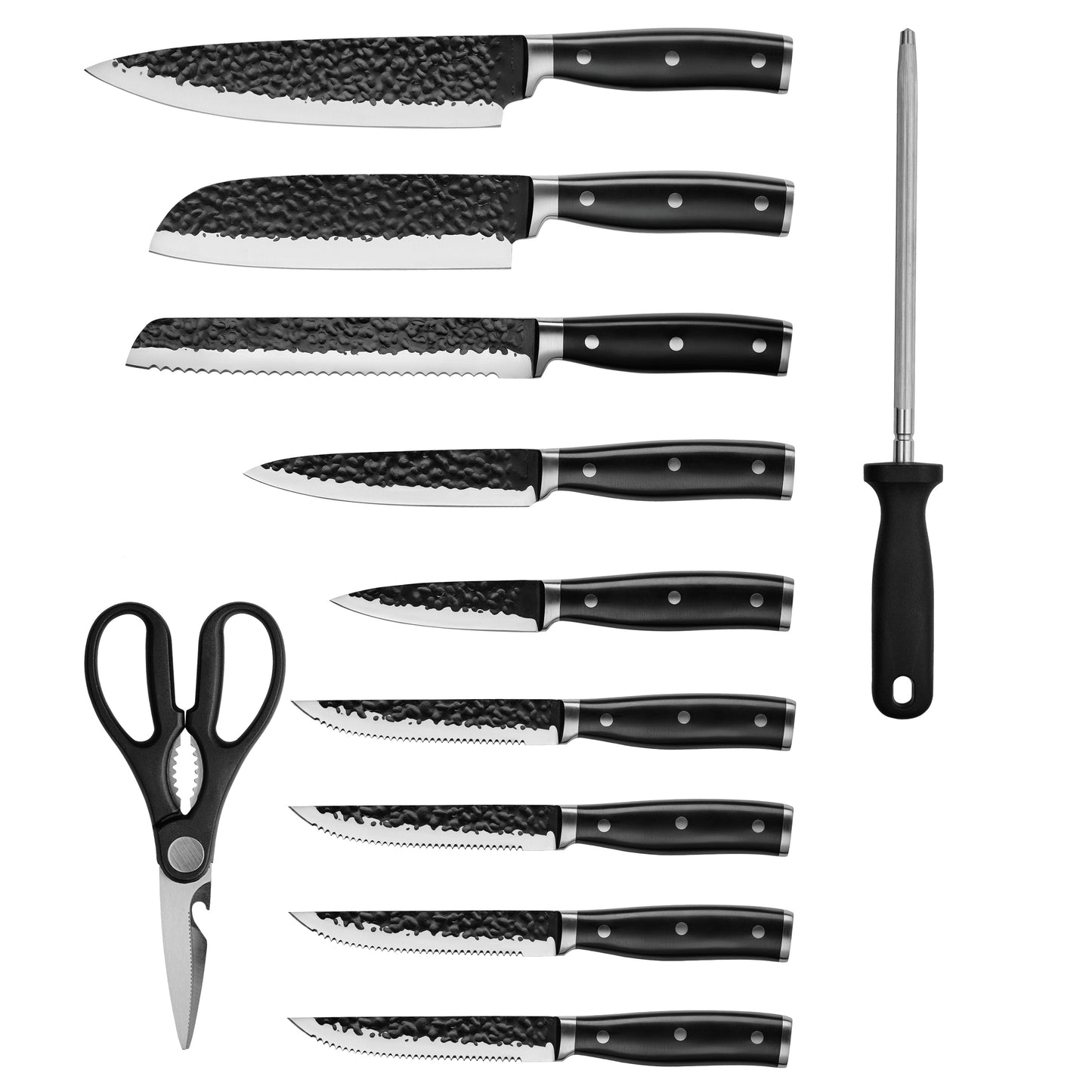 OrGREENiC Hammered High Carbon Steel Knife Set - Non-Stick Tsuchimi Blade Texture, Ergonomic Handle, Professional Sharpness for Precision Cutting - Includes Chef, Bread, Utility, and Steak Knives