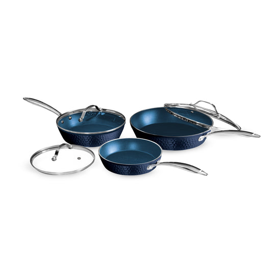 Hammered Sapphire Blue 6 Piece Set with Glass Lids 8”, 10” and 12”