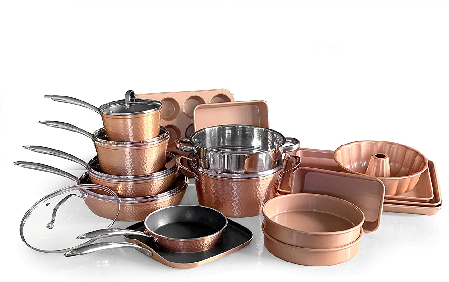 Hammered Rose Gold 22 Piece Cookware and Bakeware Set – OrGreenic Cookware